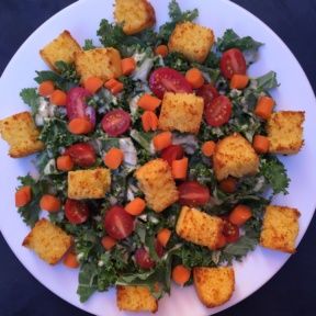 Gluten-free Kale Caesar Salad with Cornbread Croutons